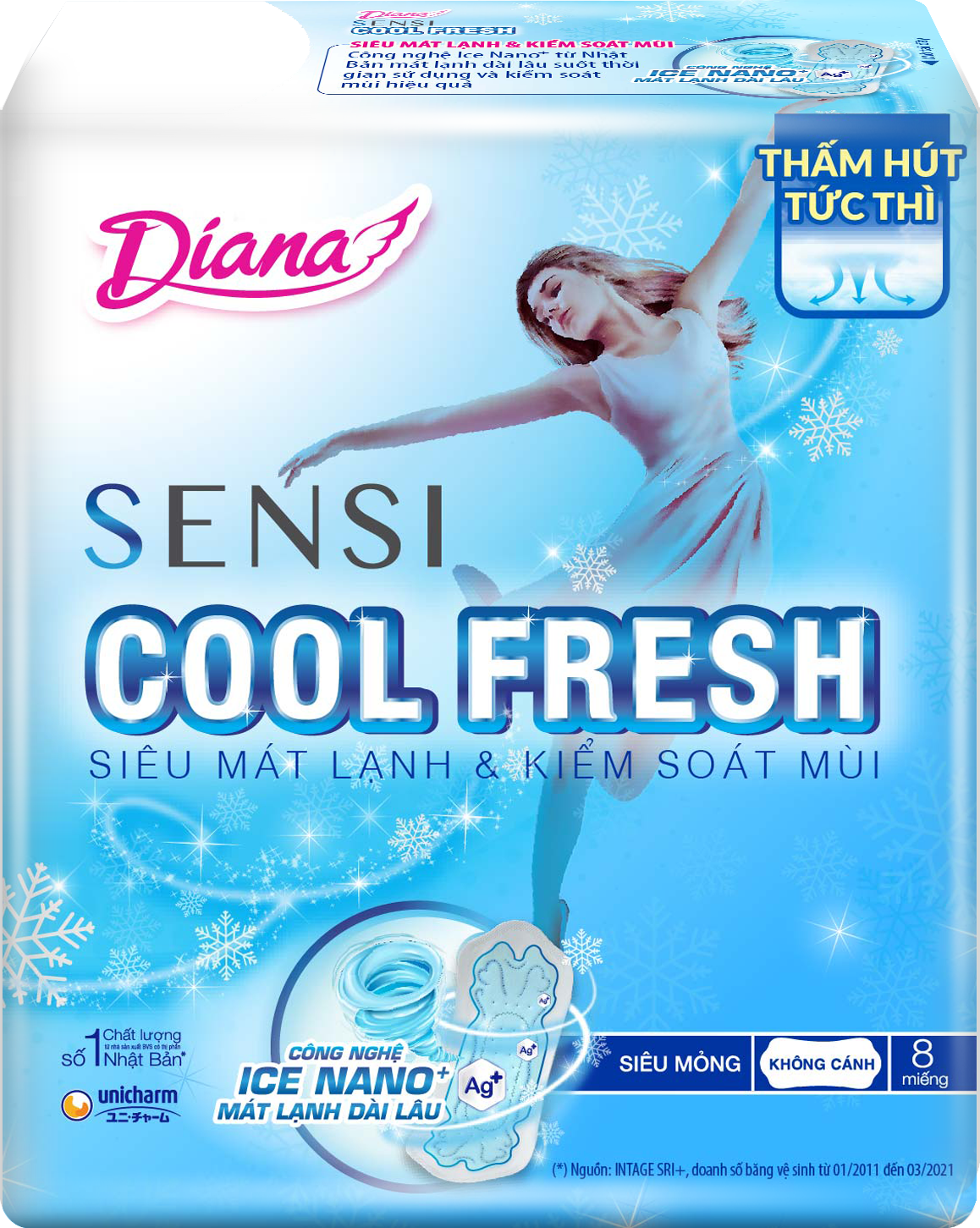 BVS Diana Cool Fresh Siêu mỏng Không cánh gói  8 miếng Thùng 48 gói.